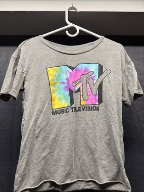 MTV Gray Tee with Yellow Blue Pink Tie-Dye Logo